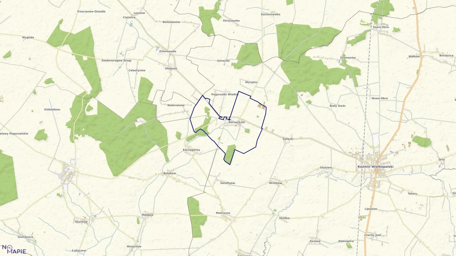 Mapa obrębu BORZĘCICZKI w gminie Koźmin Wielkopolski