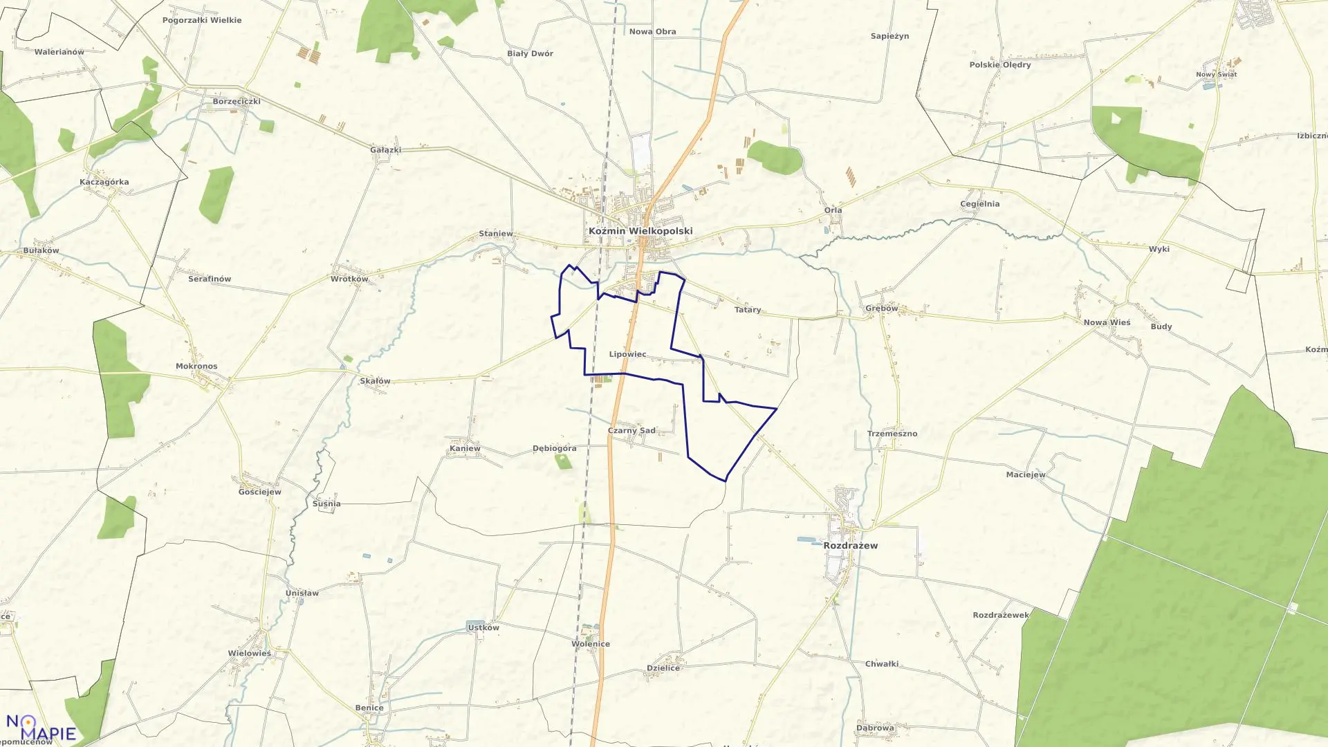 Mapa obrębu LIPOWIEC w gminie Koźmin Wielkopolski